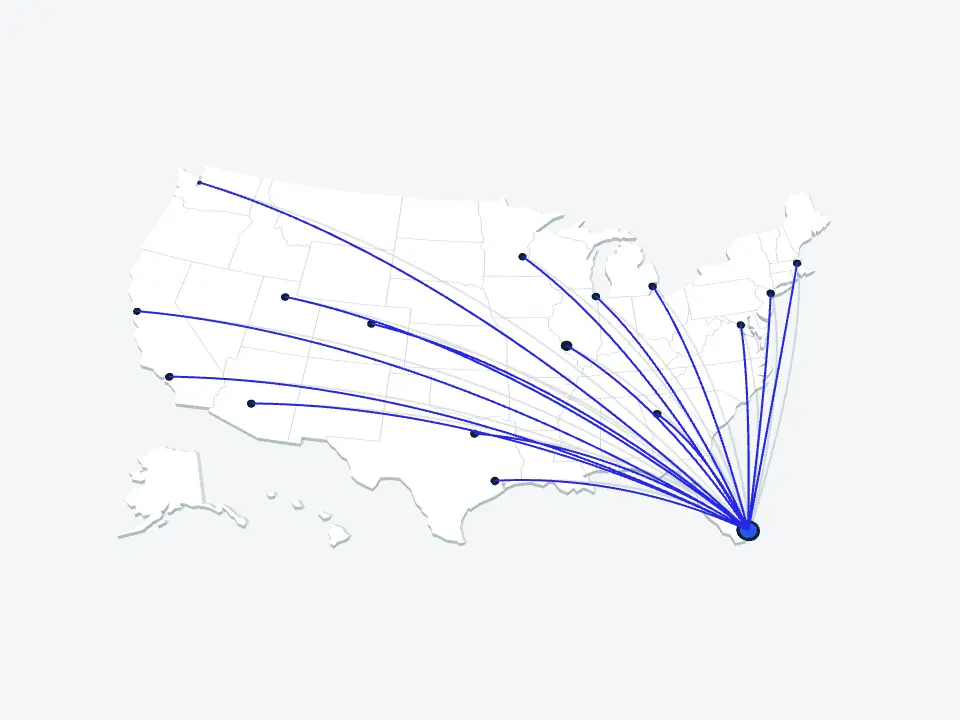 Mapa estilizado de Estados Unidos con rutas ilustrativas que salen de Miami.