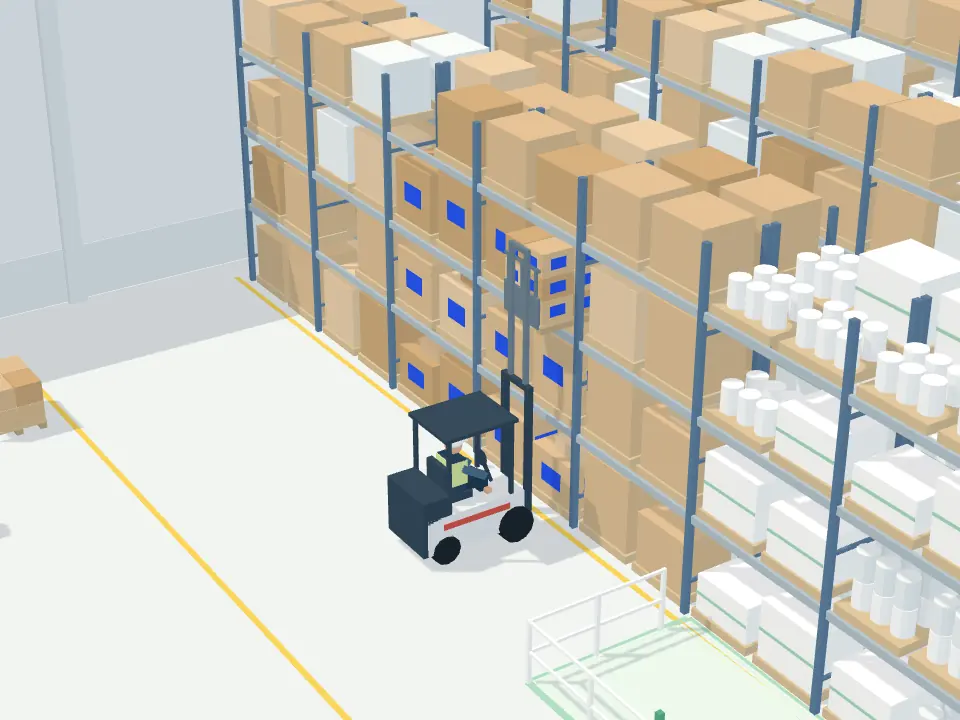 Racks altos de pallets con un montacargas guardando un pallet.